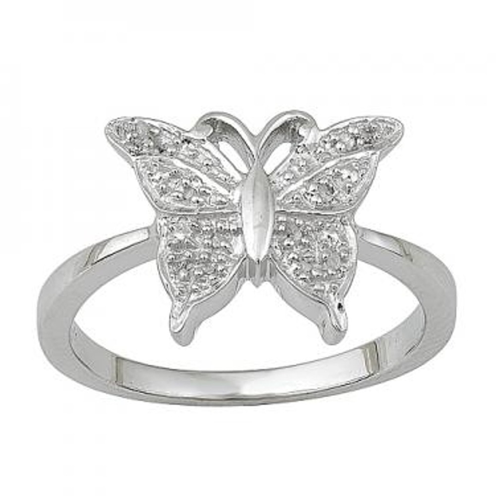 Womens 14K White Gold Over Sterling Silver Diamonds Size 7 Butterfly Ring